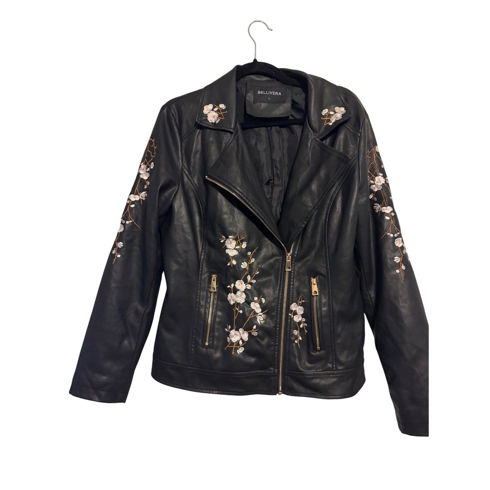 Bellivera Moto Jacket Floral Embroidered Black Faux Leather Biker Large